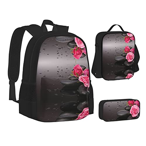 XIPEGKLD Spa Schultasche mit Stein- und Rosenblumen-Druck, Federmäppchen + Lunch-Tasche, Kombination, geeignet für Männer und Frauen, Schwarz , Einheitsgröße von XIPEGKLD