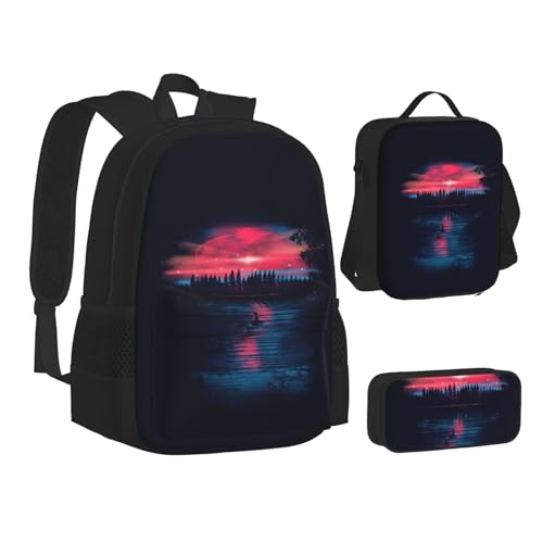 XIPEGKLD Space Lake Reflection Trees Print Schulranzen + Federmäppchen + Lunchtasche Kombination, geeignet für Männer und Frauen, Schwarz , Einheitsgröße von XIPEGKLD