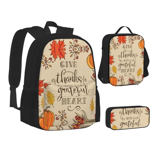 XIPEGKLD Thanksgiving Day Punmpkin Print Schultasche + Federmäppchen + Lunchtasche Kombination geeignet für Männer und Frauen, Schwarz , Einheitsgröße von XIPEGKLD