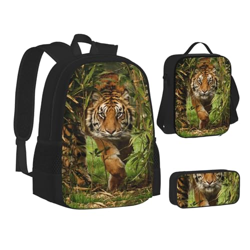 XIPEGKLD Tiger im Dschungel Druck Schulranzen + Federmäppchen + Lunchtasche Kombination geeignet für Männer und Frauen, Schwarz , Einheitsgröße von XIPEGKLD