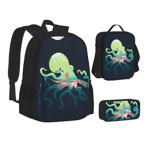 XIPEGKLD Unterwasser Ocean Octopus Print Schulranzen + Federmäppchen + Lunchtasche Kombination geeignet für Männer und Frauen, Schwarz , Einheitsgröße von XIPEGKLD