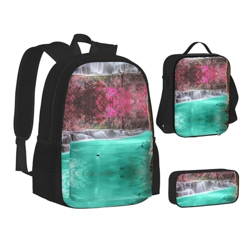 XIPEGKLD Wasserfall Natur Landschaft Druck Schultasche + Federmäppchen + Lunchtasche Kombination geeignet für Männer und Frauen, Schwarz , Einheitsgröße von XIPEGKLD