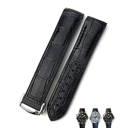 XIRIXX 20mm 22mm Leder-Rindsleder-Gummi-Uhrenarmbänder passend für Omega Seamaster Planet Ocean 600 GMT Orange Uhrenarmband(Black line,20mmBlack buckle) von XIRIXX