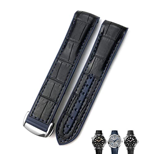 XIRIXX 20mm 22mm Leder-Rindsleder-Gummi-Uhrenarmbänder passend für Omega Seamaster Planet Ocean 600 GMT Orange Uhrenarmband(Blue line,22mmRose buckle) von XIRIXX
