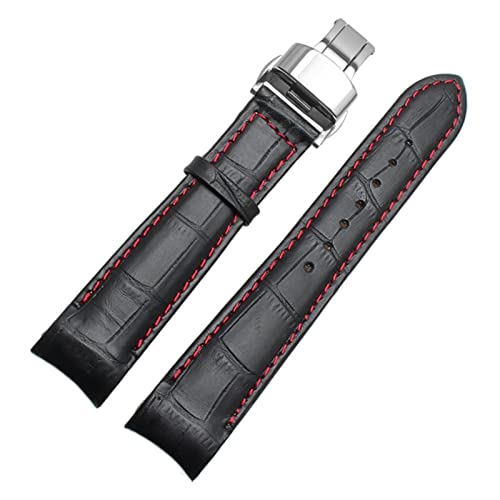 XIRIXX Gebogene End -Männer Watchband -Gurte für BL9002-37 05A BT0001-12E 01A Marke Watch echtes Leder mit Schmetterlingsschnalle 20 21 22 mm(Blackxred silver,21mm) von XIRIXX
