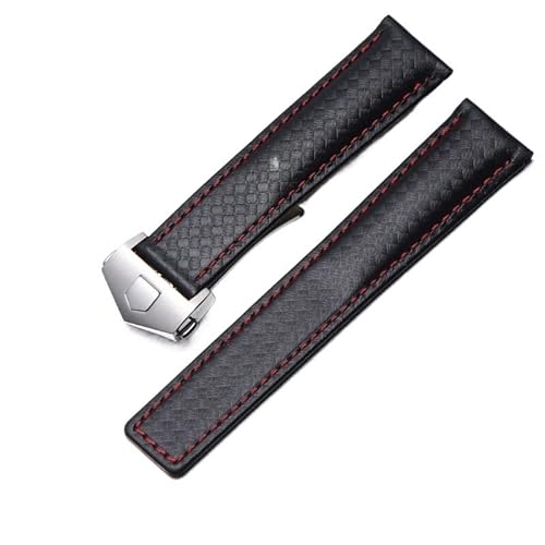 XIRIXX Kohlefasertextur echtes Lederboden -Uhrband für SCHILD Armband schwarz mit roter Liniegurt 20 mm mit Klappschnalle(Black red silver,20mm) von XIRIXX