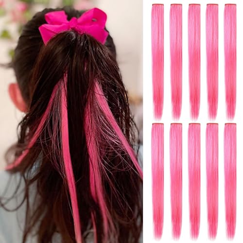 XIRRWWH 9 Stücke 21 Inch Farbe Haarverlängerung Clip in, Bunte Haarsträhnen Haarteile Heat Resistant Gerade Multicolor Haarzubehör für Mädchen (Rosa) von XIRRWWH