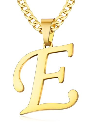 XIRUVE Edelstahl Herren Damen Buchstabe A bis Z Anhänger Initiale Halskette mit 6mm breite Panzerkette Länge Verstellbar E von XIRUVE