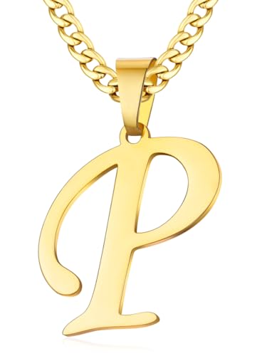 XIRUVE Edelstahl Herren Damen Buchstabe A bis Z Anhänger Initiale Halskette mit 6mm breite Panzerkette Länge Verstellbar P von XIRUVE