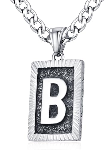 XIRUVE Herren Damen Edelstahl Buchstabe A bis Z Viereck Retro Stil Anhänger Initiale Halskette mit 6mm breite Panzerkette Länge Verstellbar B von XIRUVE