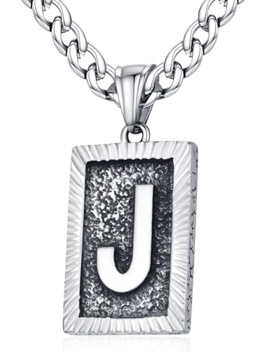 XIRUVE Herren Damen Edelstahl Buchstabe A bis Z Viereck Retro Stil Anhänger Initiale Halskette mit 6mm breite Panzerkette Länge Verstellbar J von XIRUVE