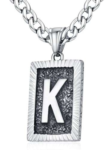 XIRUVE Herren Damen Edelstahl Buchstabe A bis Z Viereck Retro Stil Anhänger Initiale Halskette mit 6mm breite Panzerkette Länge Verstellbar K von XIRUVE
