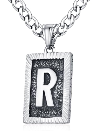 XIRUVE Herren Damen Edelstahl Buchstabe A bis Z Viereck Retro Stil Anhänger Initiale Halskette mit 6mm breite Panzerkette Länge Verstellbar R von XIRUVE
