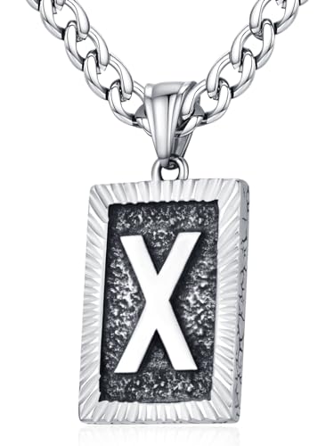 XIRUVE Herren Damen Edelstahl Buchstabe A bis Z Viereck Retro Stil Anhänger Initiale Halskette mit 6mm breite Panzerkette Länge Verstellbar X von XIRUVE