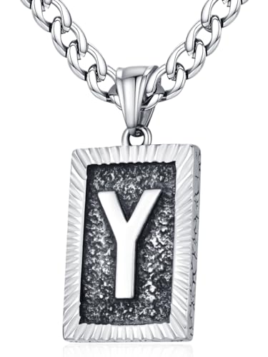 XIRUVE Herren Damen Edelstahl Buchstabe A bis Z Viereck Retro Stil Anhänger Initiale Halskette mit 6mm breite Panzerkette Länge Verstellbar Y von XIRUVE