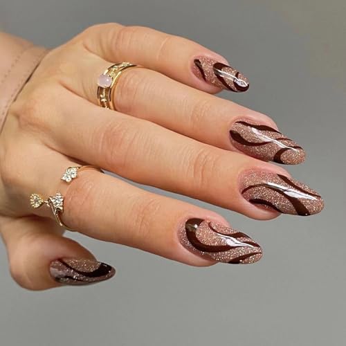 24 Stück Mandel-Nägel zum Aufdrücken, glänzendes Design, französische künstliche Acryl-Klebstoffe, für Damen, Sarg, Mandel, französische Spitze von XITEA
