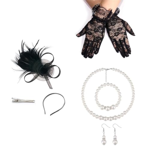 Einzigartiger gefiederter Fascinator, Kopfschmuck, Spitzen-Handschuh-Set für Frauen für Weihnachtsfeiern und Cosplay-Themenfeiern von XITEA