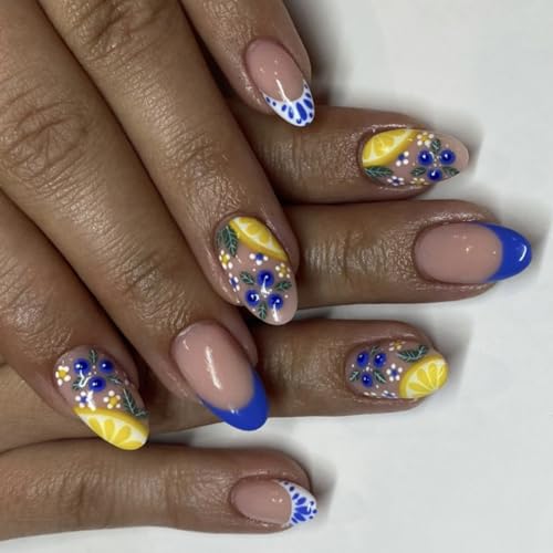 Künstliche Fingernägel zum Aufdrücken auf künstliche Fingernägel, Zitronen-Designs, französische Spitzen, Acrylkleber für Damen, transparent, 24 Stück von XITEA
