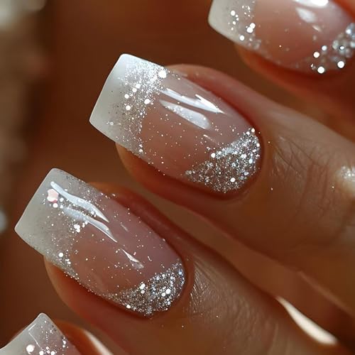 Künstliche Nägel, zum Aufdrücken, für Damen, quadratisch, zum Aufdrücken, volle Abdeckung, zum Aufkleben, französische Spitze, 24 Stück von XITEA