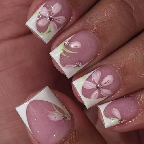 Künstliche Nägel zum Aufdrücken, quadratisch, mit Blumendesign, künstliche Glitzer, für Damen, Sarg, Mandel, französische Spitze, 24 Stück von XITEA