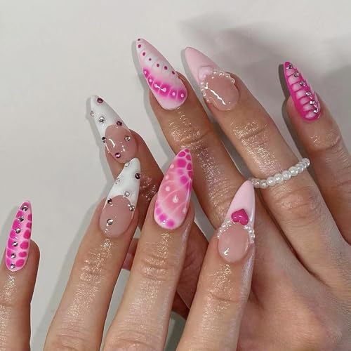 Künstliche Nägel zum Aufdrücken in Mandelform, Herz-Design, französisches Acryl, künstliche Nägel für Damen, 24 Stück von XITEA