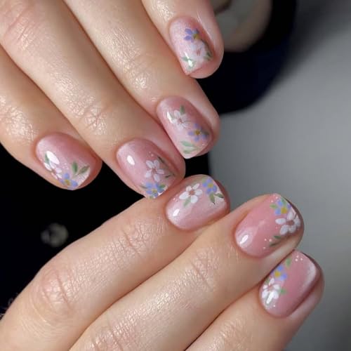 Quadratische Nägel zum Aufdrücken, bunte Blumen, künstliches Acryl, 12 Größen, 24 Stück, Acrylkleber auf Nägel für Damen, transparent von XITEA