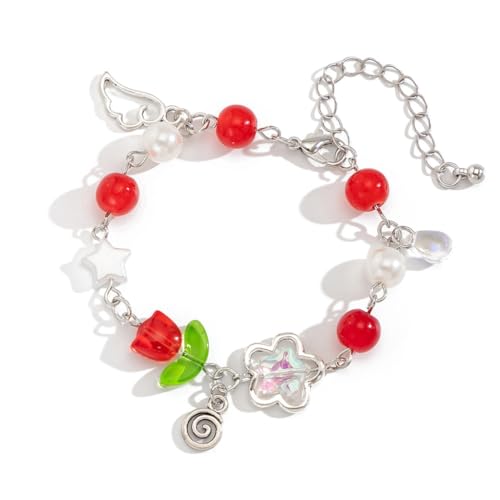 XITEA Blumen-Charm-Armband mit Quasten, angenehm zu tragen, Kunstperlen, Handkette, verstellbare Länge von XITEA