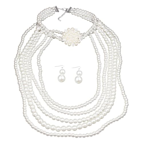 XITEA Elegante Halskette und Ohrringe aus Kunstperlen, mehrschichtiges Perlenschmuck-Set, handgefertigtes Zubehör für Frauen und Mädchen, Kunstperle von XITEA