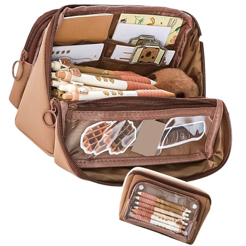 XITEA Federmäppchen mit großem Fassungsvermögen, mehrlagig, abnehmbare Taschen, Stift-Organizer, Tasche, Reise-Make-up-Tasche mit Fächern, Kaffeebraun von XITEA