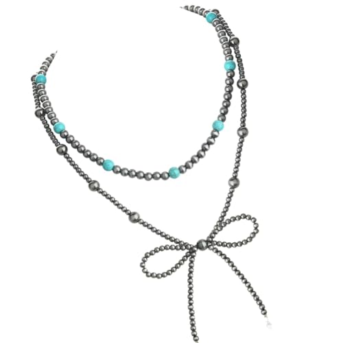 XITEA Halskette mit Schleifen-Anhänger und verstellbarer Kette, türkisfarbene Perlen, Schmetterlingsknoten, Schlüsselbeinkette, Schmuck für Damen und Mädchen, Kunstperlen von XITEA