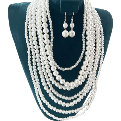 XITEA Modische mehrsträngige Damen-Halskette, schönes mehrsträngiges Schmuck-Set mit Halskette und Ohrringen, Kunstperle von XITEA
