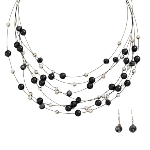 XITEA Stilvolles Damen-Perlen-Accessoire-Set, trendige mehrschichtige Halskette und Ohrringe mit Perlen und Kristallakzent, Kunstperlen-Glas von XITEA