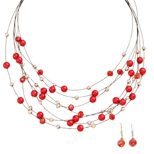 XITEA Stilvolles Damen-Perlen-Accessoire-Set, trendige mehrschichtige Halskette und Ohrringe mit Perlen und Kristallakzent, Kunstperlen-Glas von XITEA