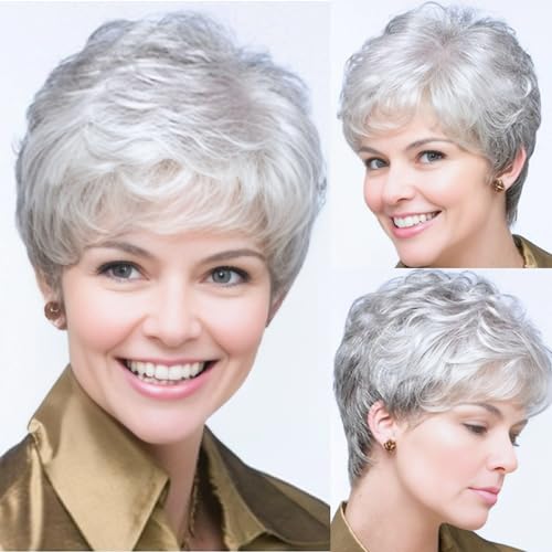 XIUFAXIRUSI XIUFAXIRUSI Kurzhaarperücke für Damen, Grau, lockig, grau, geschichtet, synthetisch, natürlich aussehend, Pixie-Schnitt, flauschige Perücken mit Pony XIUFAXIRUSI XIUFAXIRUSI Kurzhaarperücke für Damen, Grau, lockig, grau, geschichtet, synthetisch, natürlich aussehend, Pixie-Schnitt, flauschige Perücken mit Pony von XIUFAXIRUSI XIUFAXIRUSI