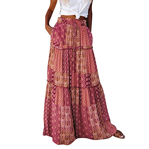 Rock Damen Lang Maxi Skirt Faltenrock Boho Blumen Hohe Elastische Taille mit Taschen und Gürteltrandrock Freizeitrock von XIUH