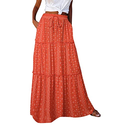 Rock Damen Lang Maxi Skirt Faltenrock Boho Blumen Hohe Elastische Taille mit Taschen und Gürteltrandrock Freizeitrock von XIUH