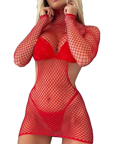 XIUSEMY Damen Dessous Fishnet Kleid Mesh Bodysuit Durchsichtig Beachwear(Rot M) von XIUSEMY
