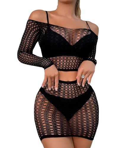 XIUSEMY Damen Dessous Set Sexy Bodys Two Piece Babydoll Fishnet Nachtwäsche Lingerie（Schwarz S2, One Size von XIUSEMY