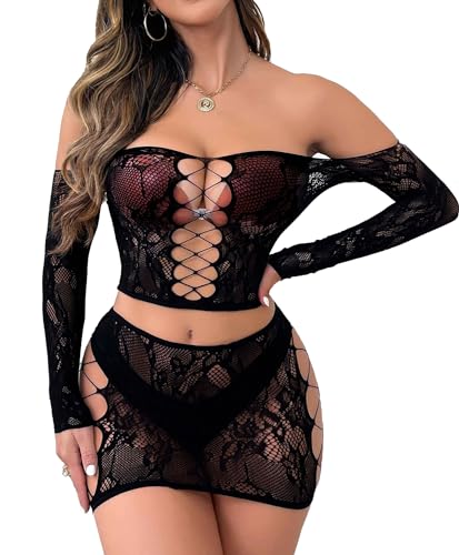 XIUSEMY Damen Dessous Set Sexy Bodys Two Piece Babydoll Fishnet Nachtwäsche Lingerie (Schwarz S4, One Size) von XIUSEMY