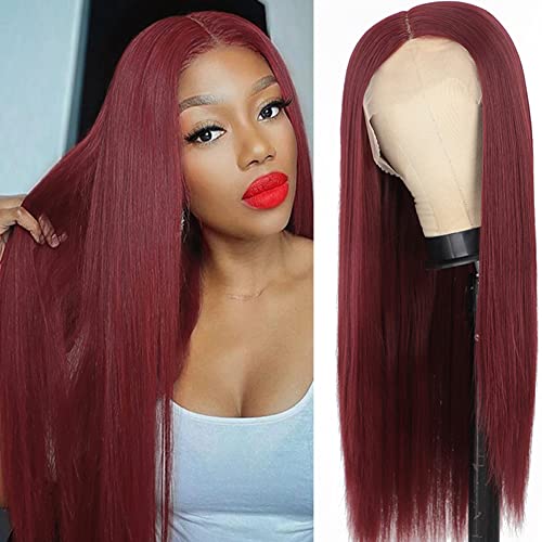 XIUWOUG 24" Long Straight Layered Lace Front Wig Transparent Lace T Part Wigs Natural Heat Resistant Fiber Hair Red Hair Synthetics for Fashion Women,Rot von XIUWOUG