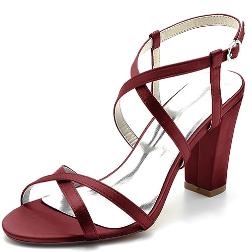 XIUWOUG Brautschuhe für Damen Hochzeitsschuhe Pumps PU Sandaletten mit Hohem Absatz Abendschuhe Abend Stiletto Sandalen mit offener Spitze,Weinrot,40 von XIUWOUG