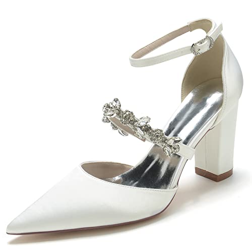 XIUWOUG Damen Braut Pumps Mit Dickem Absatz, Schnalle, Spitze Zehe, Strass, Hochzeit, Brautjungfer, Hofpumps, Plus Große Größe,Elfenbein,39 von XIUWOUG