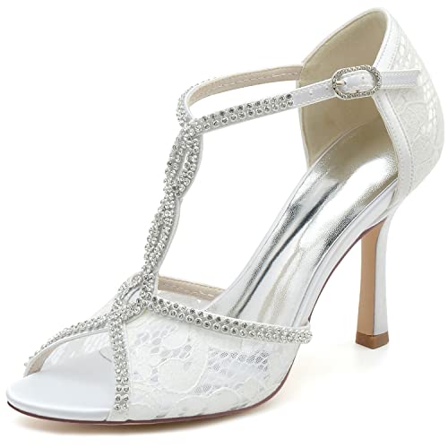 XIUWOUG Damen-Hochzeitsschuhe, Spitzenabsatz, Mary Jane-Pumps, Strass, Damen, Bequem, Arbeitspumps, Formell, Elegant, Büro, Geschlossene Zehen, Hohe Absätze/9,5 cm Absatz,Weiß,40 von XIUWOUG