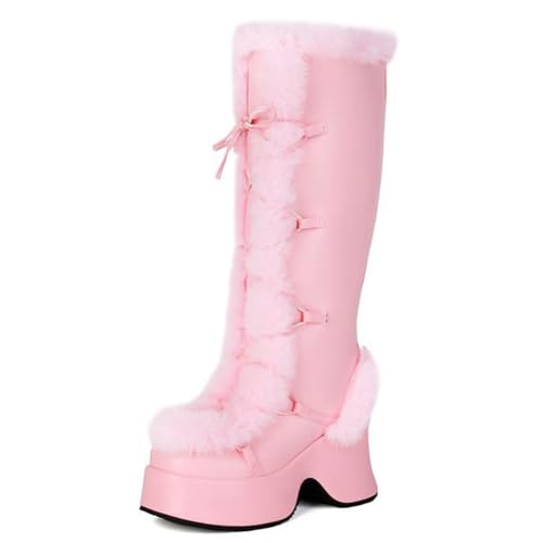 XIUWOUG Damen Winterstiefel Blockabsatz Hohe Stiefel Winter Warm Gefüttert Lange Stiefel Mit Schnüren Elegant PU Hohe Schuhe High Heels Lang Boots,Rosa,46 von XIUWOUG
