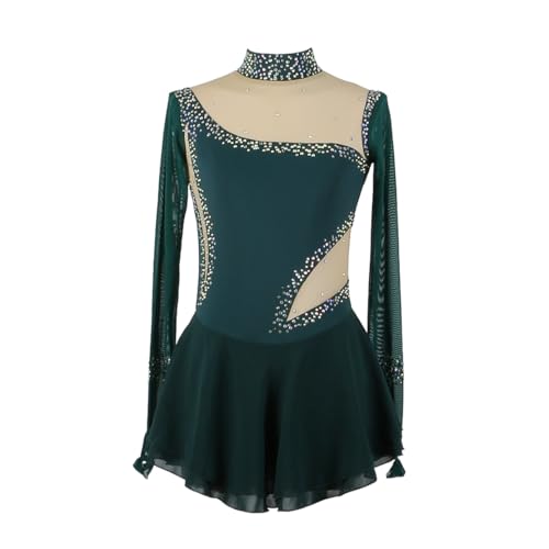 XIUWOUG Eiskunstlauf Kleid Mädchen Langarm Glitzer Strassstein Kürkleider Eislaufen Rhythmische Gymnastikanzug Tanzkostüm,Dark Green,L von XIUWOUG