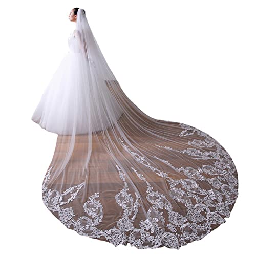 XIUWOUG White Ivory 118'' Width Single Tier Simple Bridal Wedding Veil 3.5M Bridal Soft Tulle Veil with Comb Long Cathedral Veil for Brides,Elfenbein von XIUWOUG