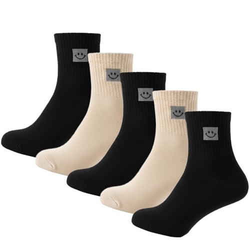 XIUYANG 5 Paar süße lächelnde Gesichtssocken Stickerei Knöchel Neuheit Lustige Socken Geschenke für Damen Socken, Schwarz und Weiß, Einheitsgröße von XIUYANG