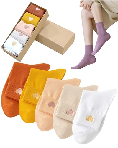 XIUYANG Niedliche Socken mit Herzstickerei, Baumwolle, Crew-Socken, lustige Sportsocken, Geschenke für Damen (5 Paar mit Geschenkbox), Farbe: A, Einheitsgröße von XIUYANG