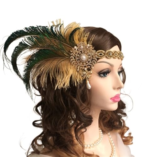 Damen Vintage Feder-Stirnband, weiße Strass-Metallkette, 1920er-Jahre-Vintage-Kopfbedeckung(A) von XIUsheUA