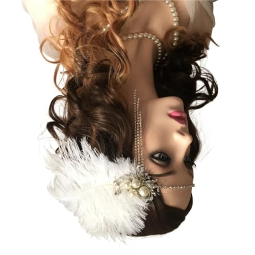 Damen Vintage Feder-Stirnband, weiße Strass-Metallkette, 1920er-Jahre-Vintage-Kopfbedeckung(E) von XIUsheUA